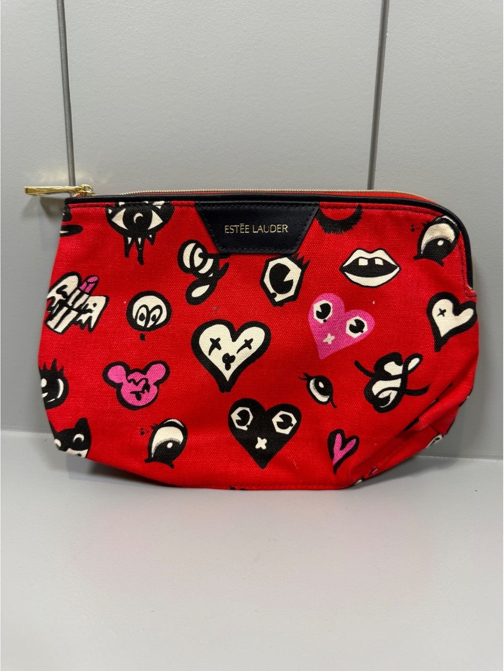 Estée Lauder Red Canvas Cosmetic Makeup Bag with Heart and Eye Print